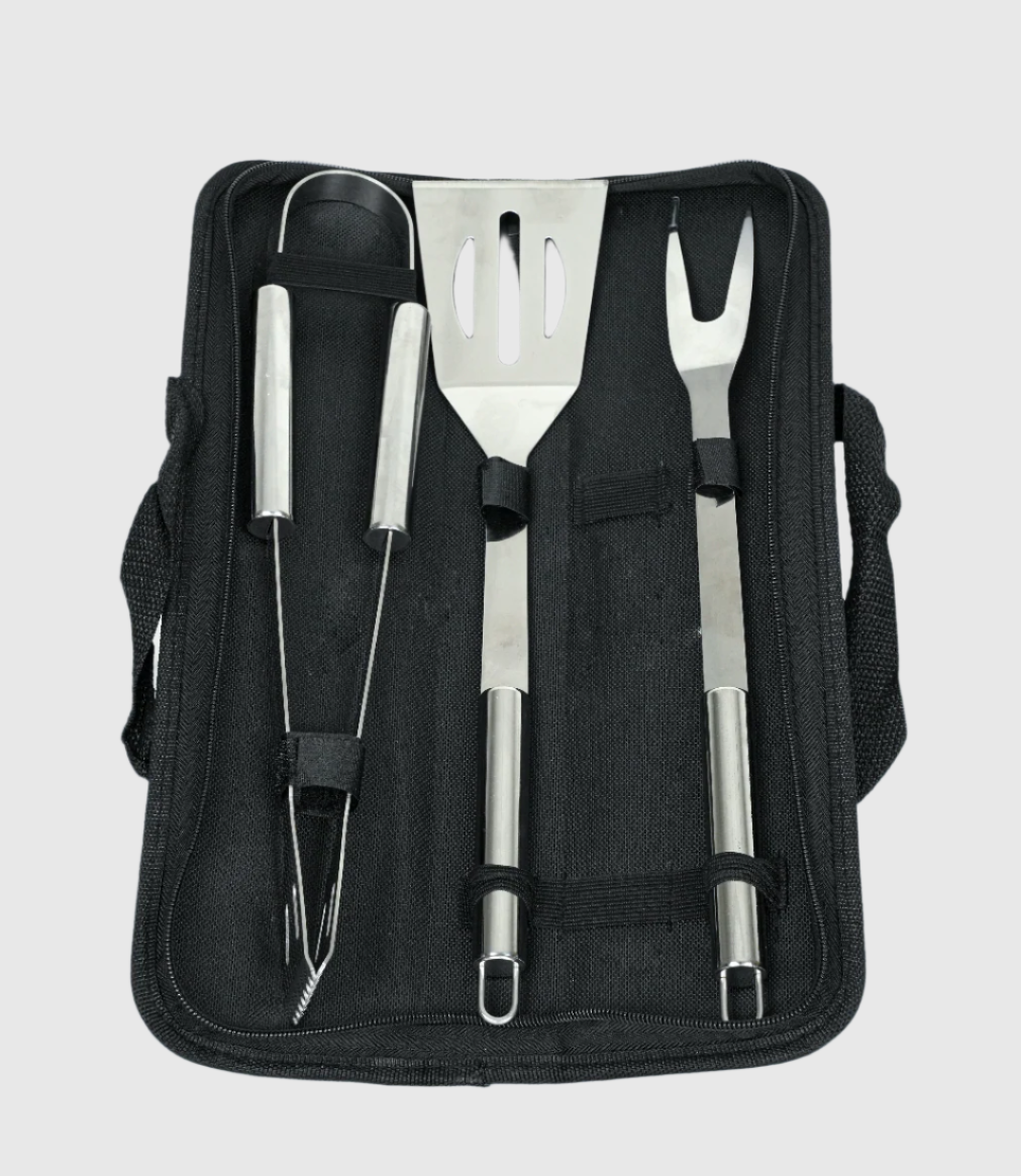 BBQ Gereedschap Set 3-delig – Metalen BBQ Tang, Spatel & Vork in Luxe Opbergtas – RVS BBQ Set Gereedschap – Barbecue Accessoires Cadeau