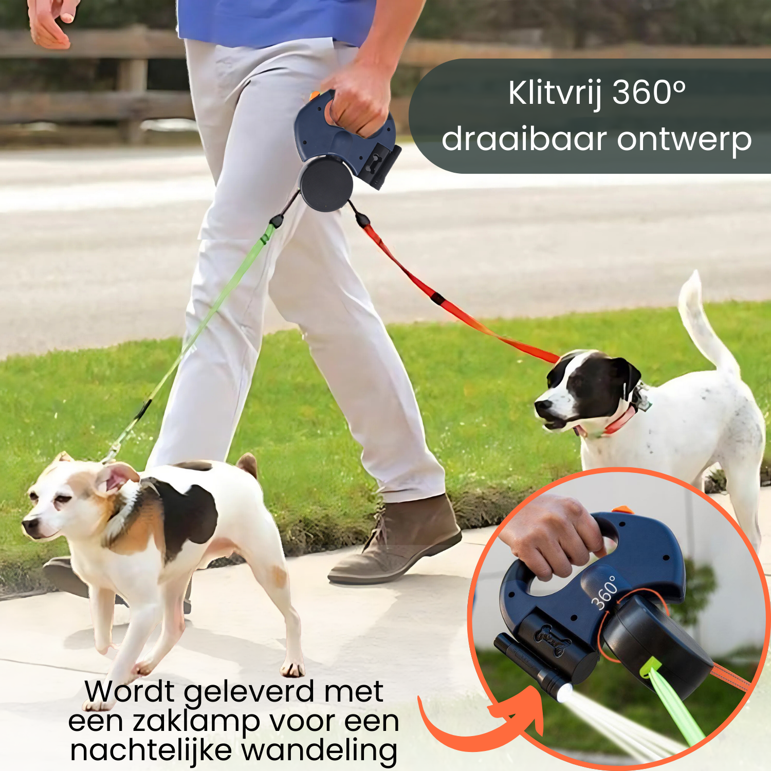 AVOID® Dubbele Hondenriem 3 Meter - met Verlichting en Poepzakjeshouder - Reflecterende Rollijn - 360° Draaifunctie - Avoid